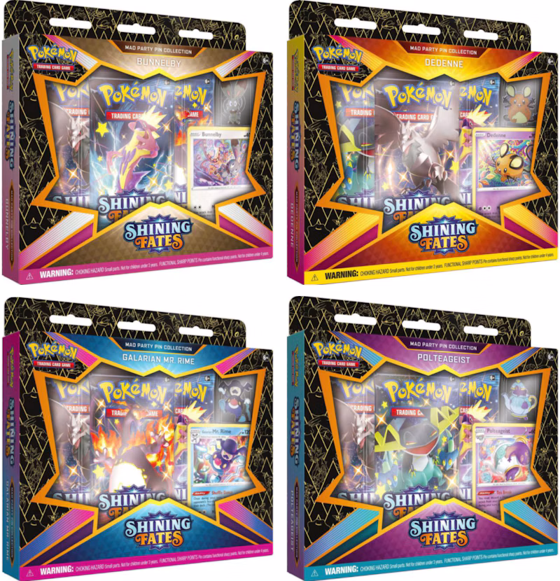 Pokémon TCG Sword & Shield Shining Fates Mad Party Pin Collection 4X Lot Bunnelby/Dedenne/Galarian Mr. Rime/Polteageist