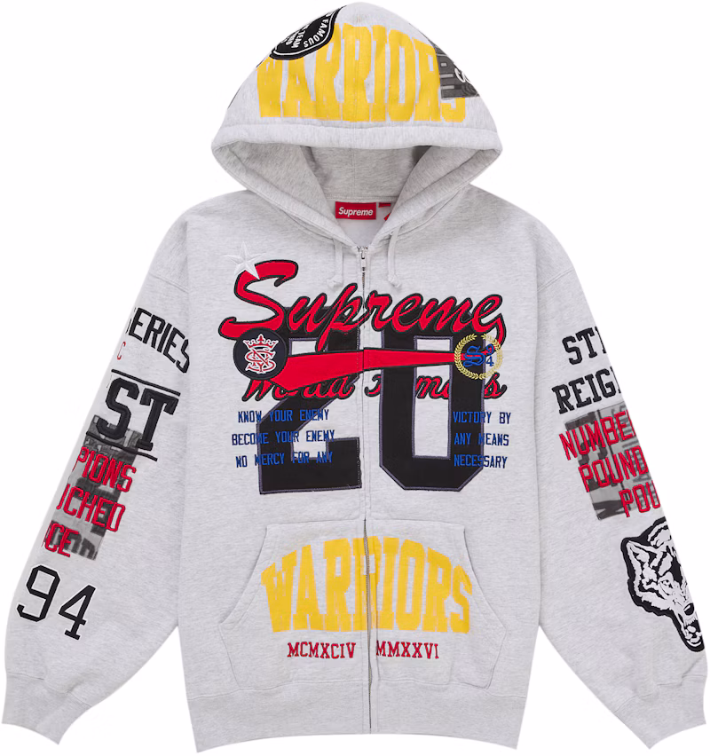 Supreme Warriors Applique Zip Up Hooded Sweatshirt Ash Grey