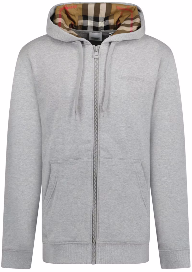 Burberry Hove Check Embroidery Logo Zip Hoodie Pale Grey