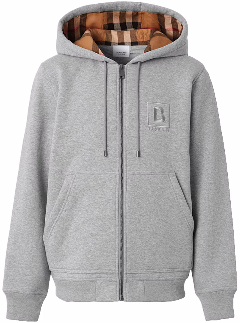 Burberry Letter Graphic Cotton Blend Zip Hoodie Pale Grey Melange