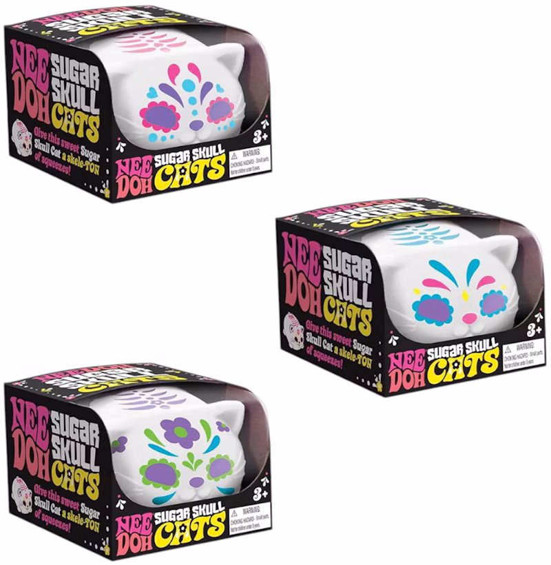NeeDoh Sugar Skull Cool Cats Squishy Fidget Toy Set of 3 Blue/ Pink/ Green