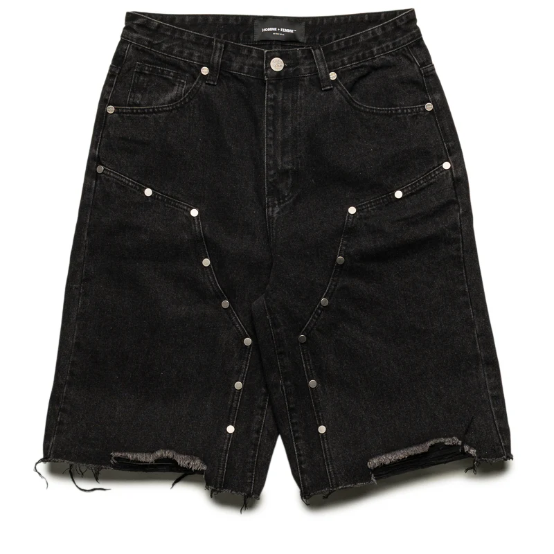 Homme Femme Arsenal Studded Denim Shorts - Black